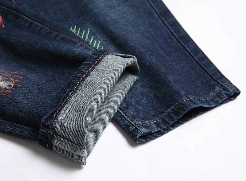Jeans bordado rasgado masculino, coreano, escuro, casual, tamanho grande, fino, longo, na moda, marca masculina