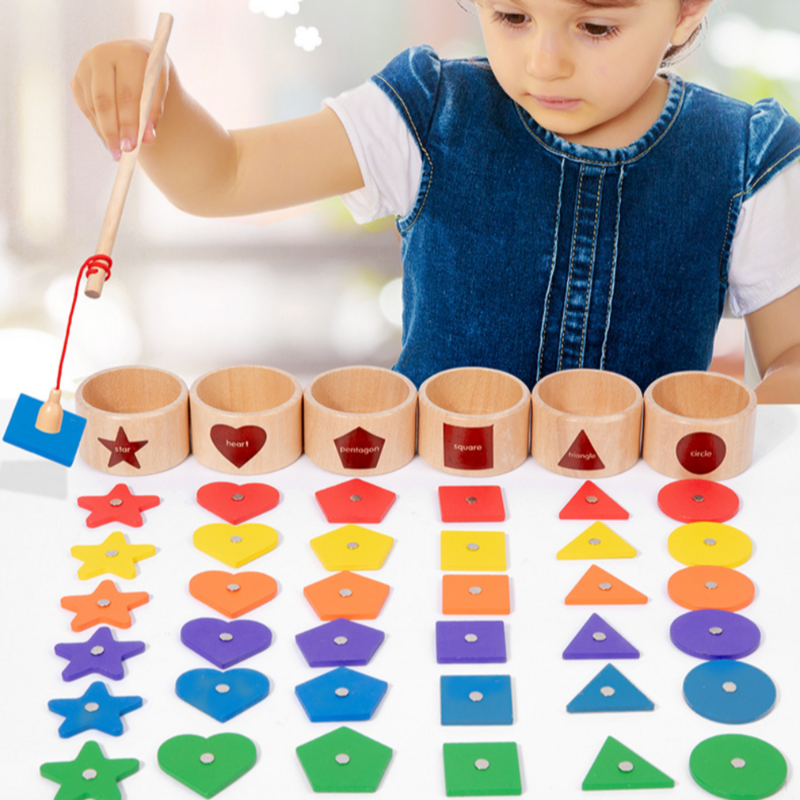 Taza de clasificación de forma de Color magnética de madera para niños, juego de pesca de cognición geométrica, juguetes educativos de educación temprana divertidos