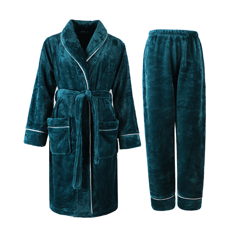 Conjunto de Albornoz y pantalones de franela para hombre y mujer, ropa de dormir de 2 piezas, de lana gruesa, Coral, para invierno, 2023