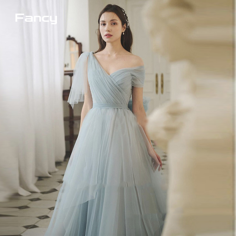 Fantazyjne baśniowe zakurzone niebieskie tiulowe długie sukienki balowe koreańska damska suknia wieczorowa suknia ślubna elegancka