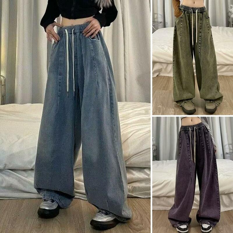 Unisex Denim Jeans Vintage Wide Leg Denim Jeans with Elastic Waist Crotch Pockets for Women Hop Streetwear Solid Color Pants