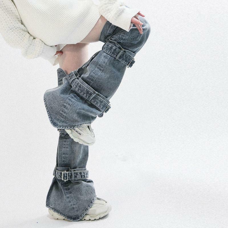 ผู้หญิง Gaiter Denim ขาอุ่นผ้าพันคอสาว Leggings Long Boots Cover Harajuku Punk Rock ปรับเข่าถุงเท้าสูง