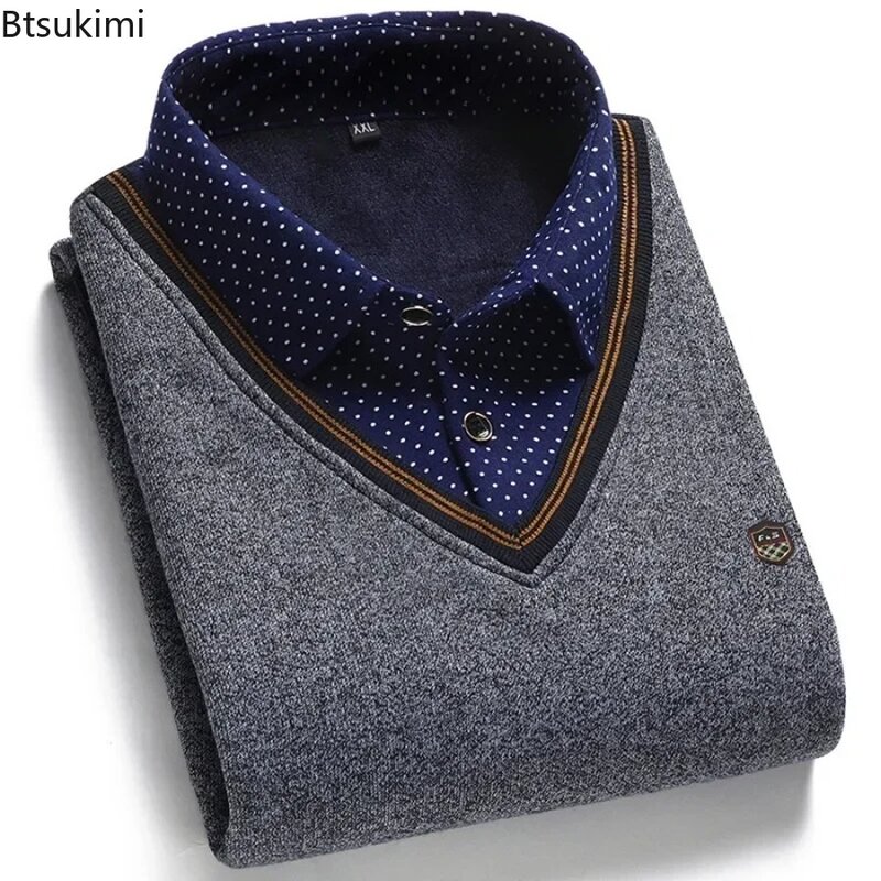 Autumn Winter Men's Shirt Collar Pullovers Fashion Plaid Button Polka Dot Long Sleeve Thicker Knit Sweater Male Casual Warm Tops