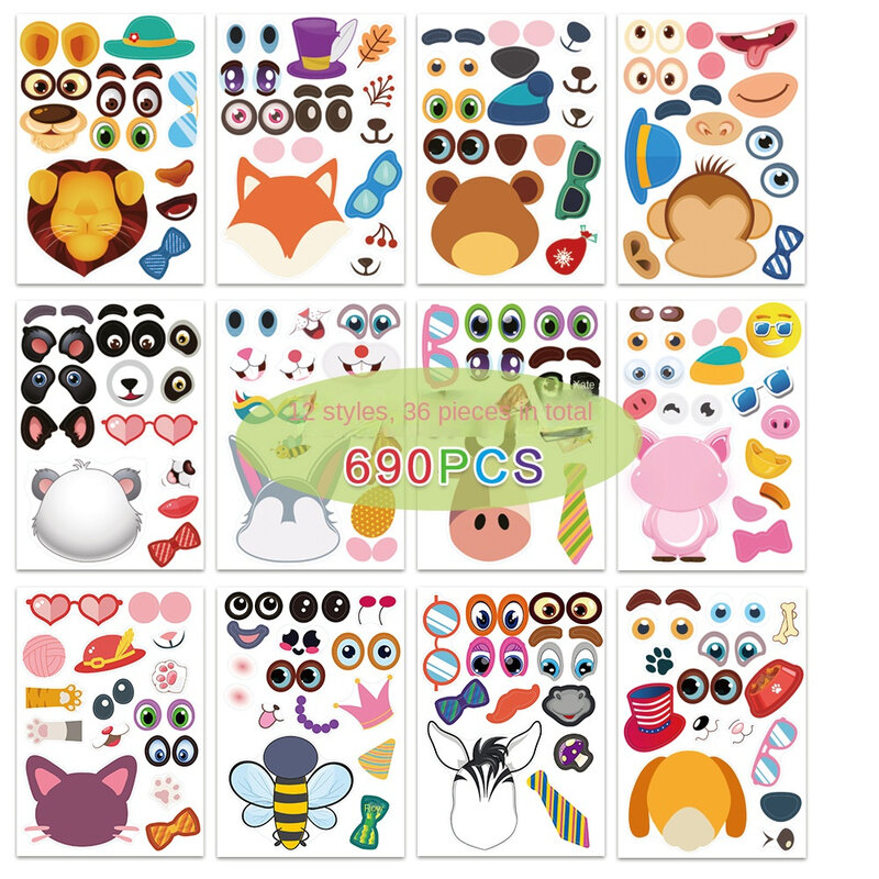 Creative Kids DIY Stickers Funny Make An Animal Face Assemble Jigsaw Children Puzzle Sticker Boys Girls Gifts Educational