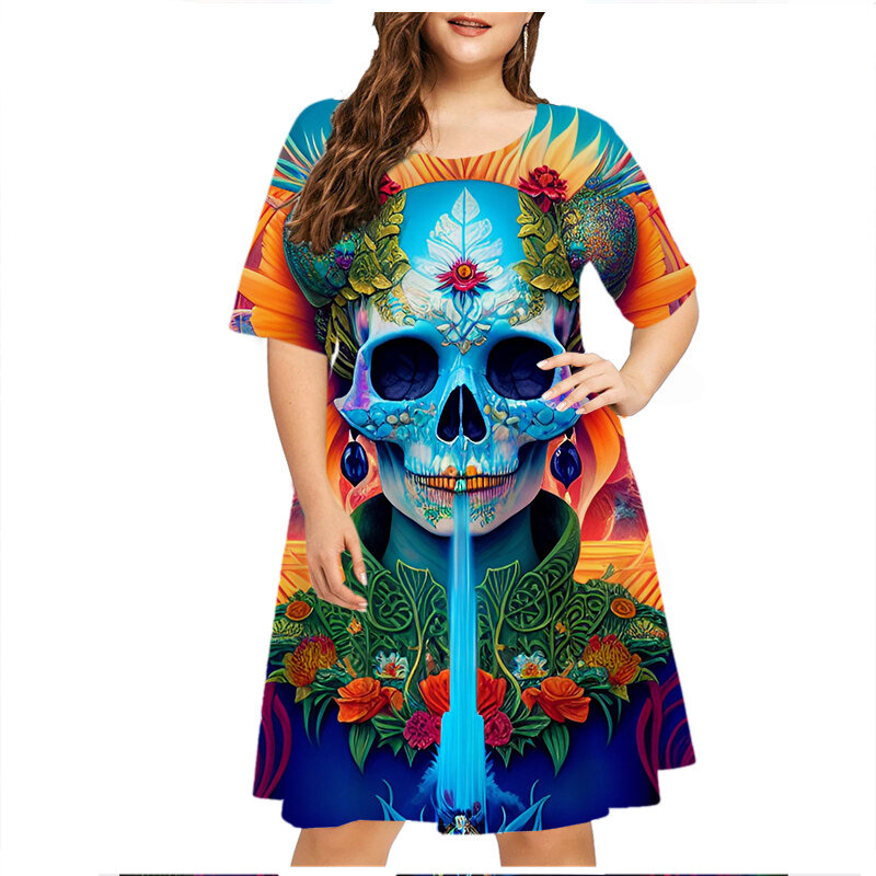 Женское платье с коротким рукавом и 3D-принтом черепа, повседневное летнее платье в стиле хип-хоп, Одежда большого размера для Хэллоуина