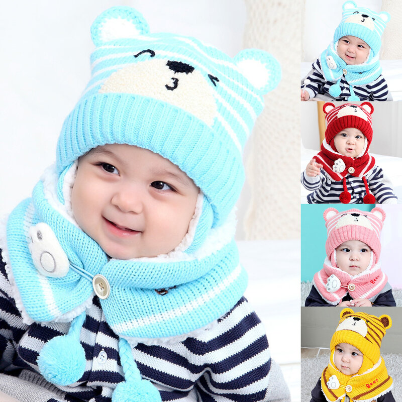 6M-34M Unisex Winter Kids Baby Girls Boys Cartoon Bear Stripe Knit Hat Cap Woolen Yarn Scarf Earmuff Warm keep Set for outdoor