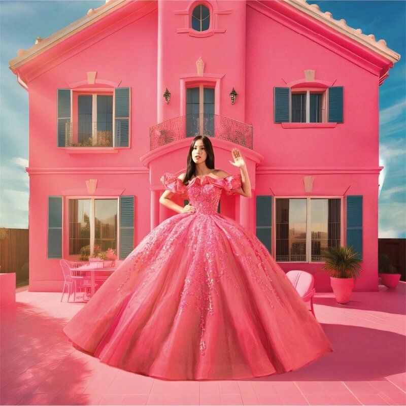 Vestidos de Quinceañera de princesa rosa, vestido de baile sin hombros, Apliques de encaje, dulce 16 vestidos, 15 Años, mexicano