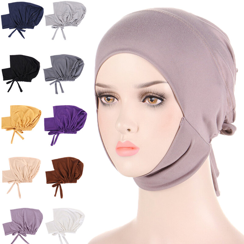 Gorro de Hijab interno para Mujer, Jersey elástico musulmán con lazo en la espalda, bufanda Islámica para la cabeza, turbante árabe ajustable