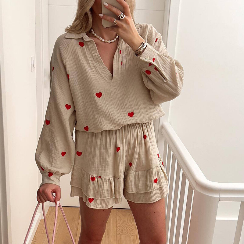2024 Spring Love Print Holiday 2pc Sets Casual Cotton Linen V Neck Long Sleeve Suit Women's Fashion Pleated Shorts Beach Outfit