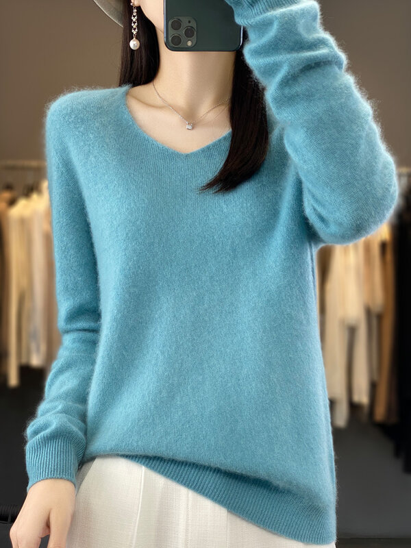 Suéter de lana merina para mujer, jersey de Cachemira con cuello en V, manga larga, ropa básica a la moda, Tops, otoño e invierno, 100%