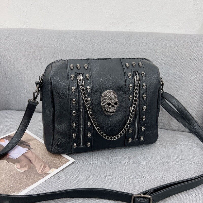 Black Handbag Large-capacity Shoulder Bag Retro Crossbody Bag Imitation Leather Casual and Fashionable Skull Punk Bag Y2K Style