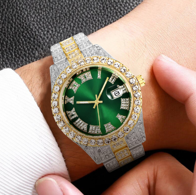 남성용 다이아몬드 달력 시계, 스테인레스 스틸 밴드, 아날로그 쿼츠 손목 시계
