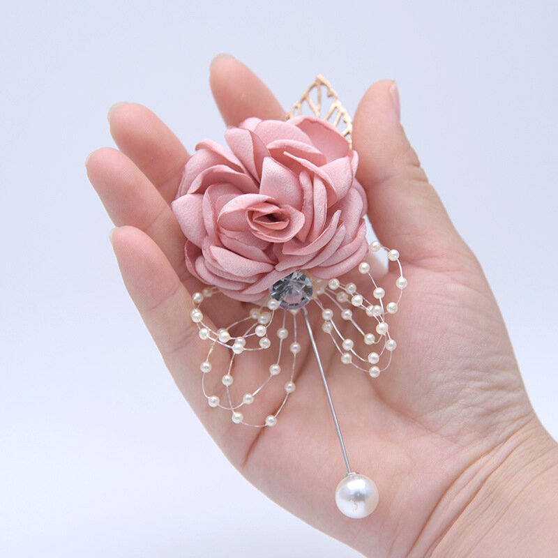 Ramillete de muñeca nupcial para boda, accesorios de perlas rosas de seda, pulsera de dama de honor para niñas, flor de muñeca Artificial, flor de mano