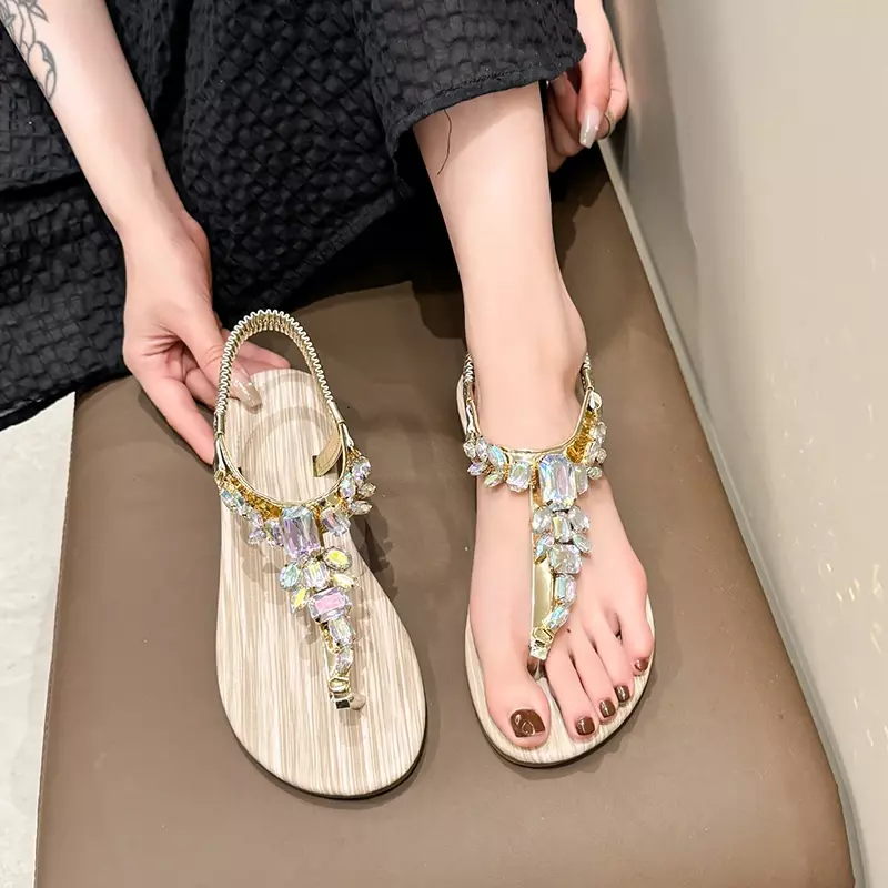 Sandały w stylu bajkowym płaskie dno wakacje nad morzem czeski Flip Toe rzymskie buty na plażę dżetów sandały z okrągłym czubkiem dla kobiet