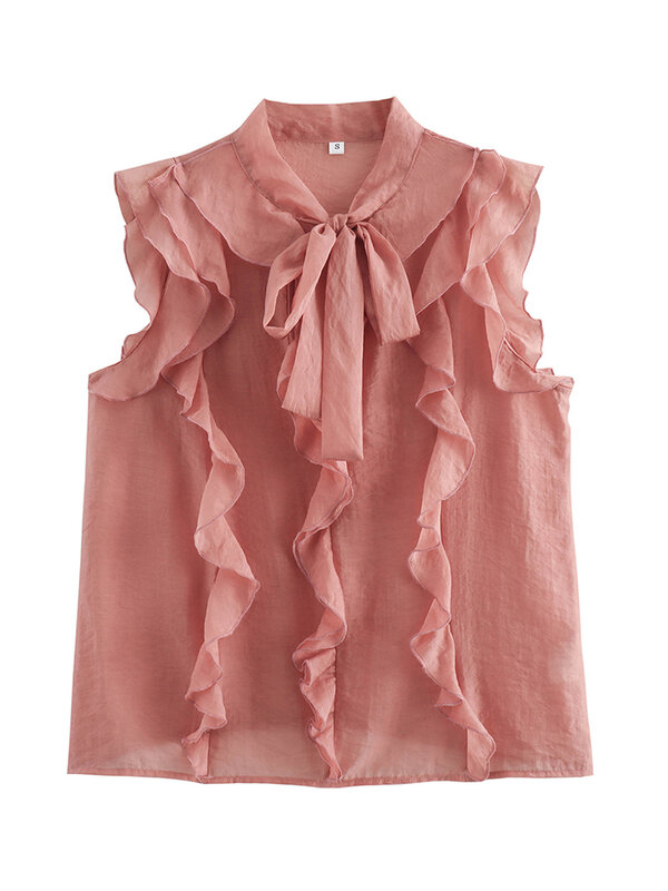 Ruffles Shirt For Women Fashion Stand Collar Bows Spliced Sleeveless Solid Color Versatile Casual Blouse Summer 2024 New XX312