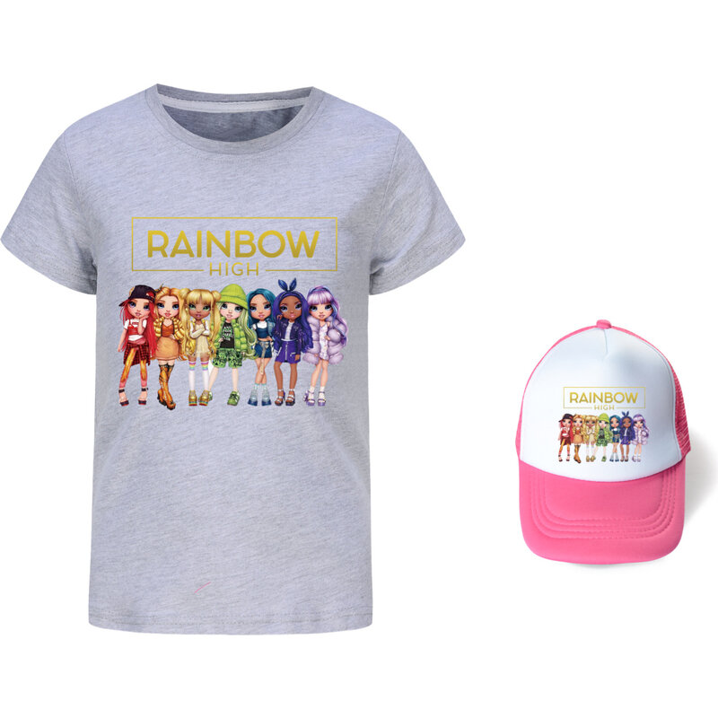Kawaii Rainbow High T Shirt Kids Summer Clothes Girl Short Sleeve T-shirt and Sunhat Toddler Boy Summer Tee Children Casual Tops