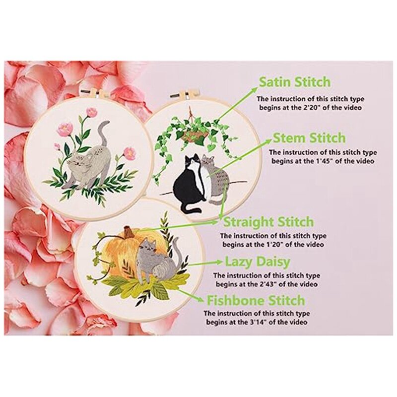 Kit inicial de bordados de alta qualidade para mulheres, artesanato com gatos e plantas padrões, apto para iniciantes, hobbies, adultos, 3 pacotes