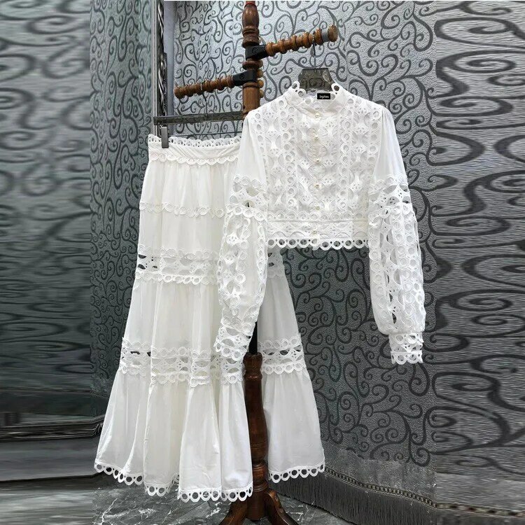 Lingzhiwu-مجموعة من أعلى قصيرة وتنورات طويلة للنساء ، تنورة عالية الخصر مع تصميم زهرة ، لون أبيض ، جديد