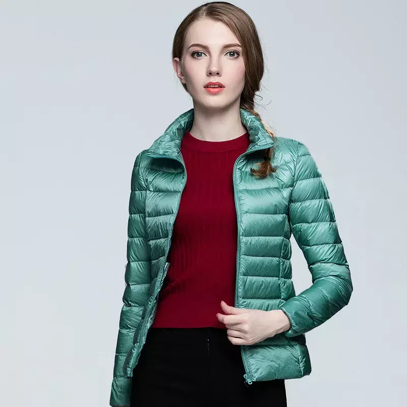 여성용 휴대용 방풍 다운 코트, 단색 지퍼 슬림 파카, 초경량 화이트 덕 다운 재킷, 퍼퍼 재킷, 겨울 캐주얼