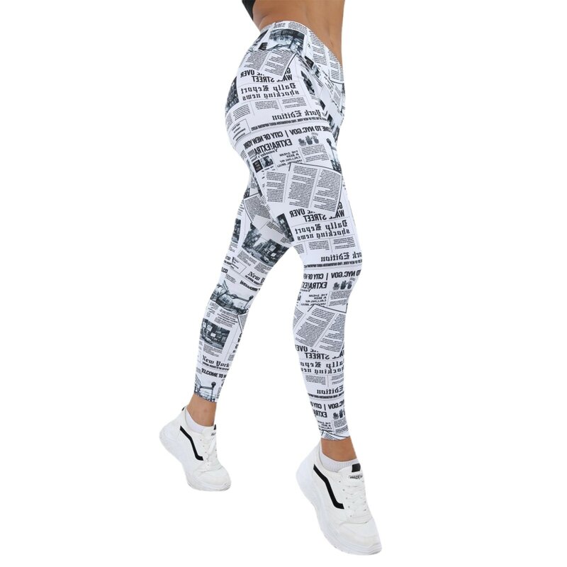 Женские летние леггинсы для тренировок, черные, белые пикантные повседневные брюки с принтом газеты и надписей для фитнеса, 2023