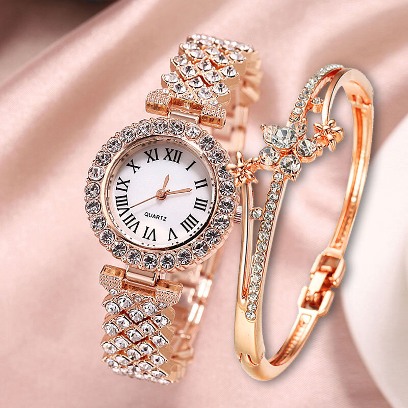 Montre-bracelet de luxe dorée pour femme, fleurs, quartz, diamant, élégant, femme, mode, dames, ensemble de 2 pièces