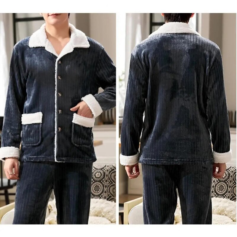 Conjunto de pijama de botão de linha única masculino, parte superior listrada de lapela, calça elástica na cintura, macia grossa quente para inverno