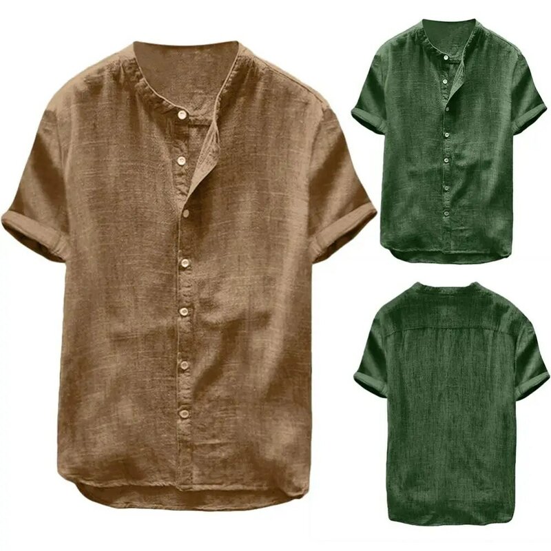 Linen Short Sleeve Men Shirt Buttons Solid Color Loose Cotton Casual Down Beach Shirt
