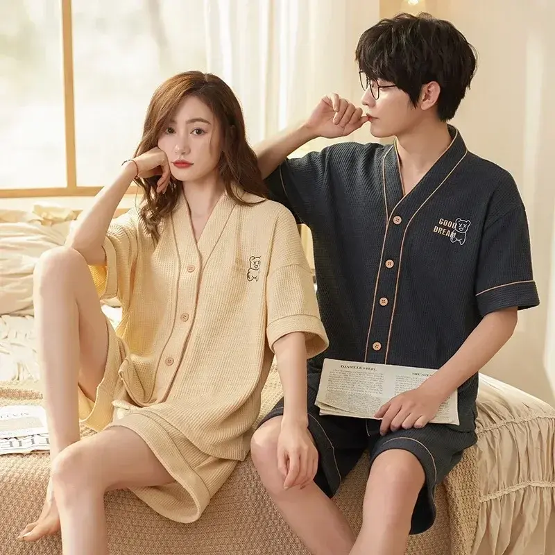 캐주얼 파자마 와플 한국 커플의 여름 면 잠옷 패션 파자마 반바지 세트, 젊은 라운지웨어, 신제품