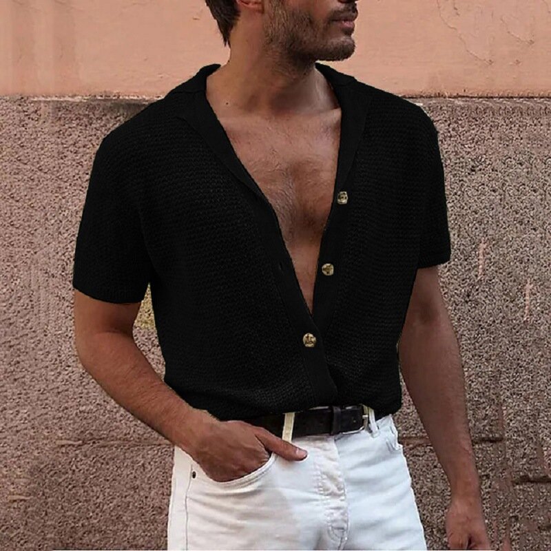 Fashion Men's Casual Short-sleeved Top Knitted Single-breasted Cardigan Lapel Sweater