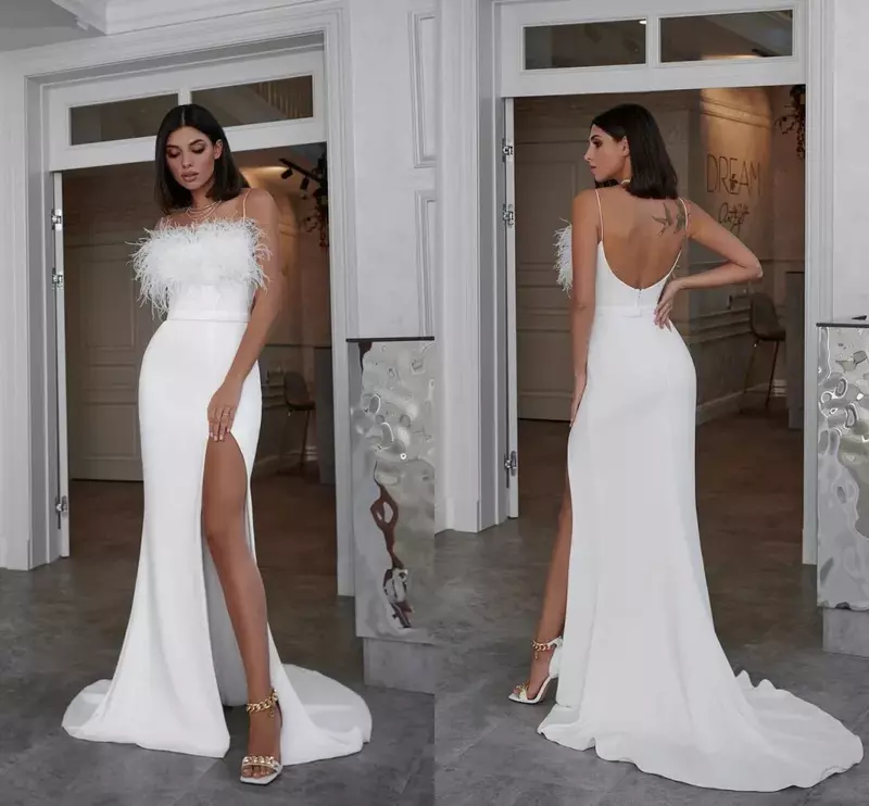 Sexy mermaid wedding dress backless Italian shoulder band with hands and feathers plus size beach auditorium bridal dress new