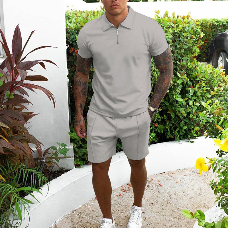 2022 New Mens Tracksuit Suit Summer short sleeve Thin Polo Shirt+Sport Shorts 2 Piece Men Solid Set Casual Jogging Sportswear