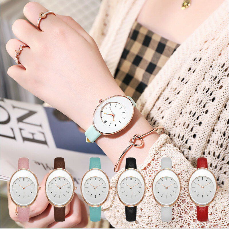 Womenen-Reloj de pulsera de cuarzo ovalado, correa de cuero, temperamento, Simple, a la moda