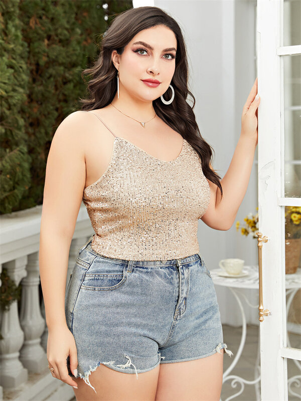 Add Elegant Plus Size Crop Top 2023 Y2k Clothes Sexy Sling Summer Clothes Camis Women Tops Sequined Backless V-neck Vintage Top