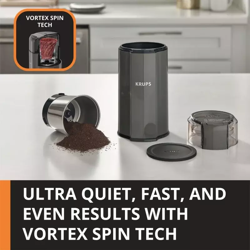 KRUPS Silent Electric Coffee and Spice Blade Grinder, Grey, GX332B50