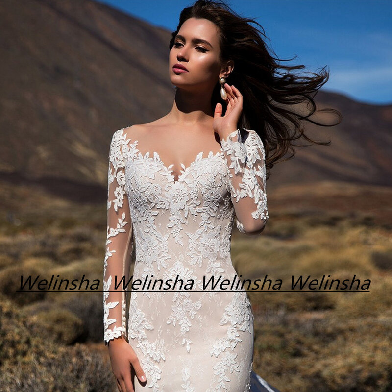 Женское свадебное платье со шлейфом It's yiiya, белое кружевное платье невесты с длинными рукавами, V-образным вырезом и аппликацией на лето 2019