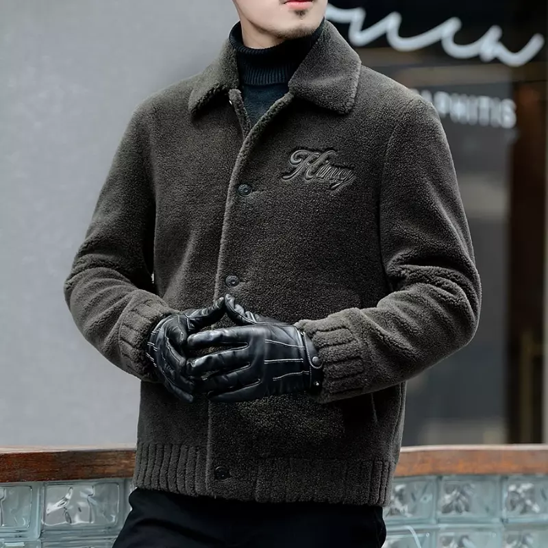 AYUNSUE-Chaqueta de piel de oveja para hombre, abrigo corto de terciopelo de un solo cordero con solapa, ropa de invierno