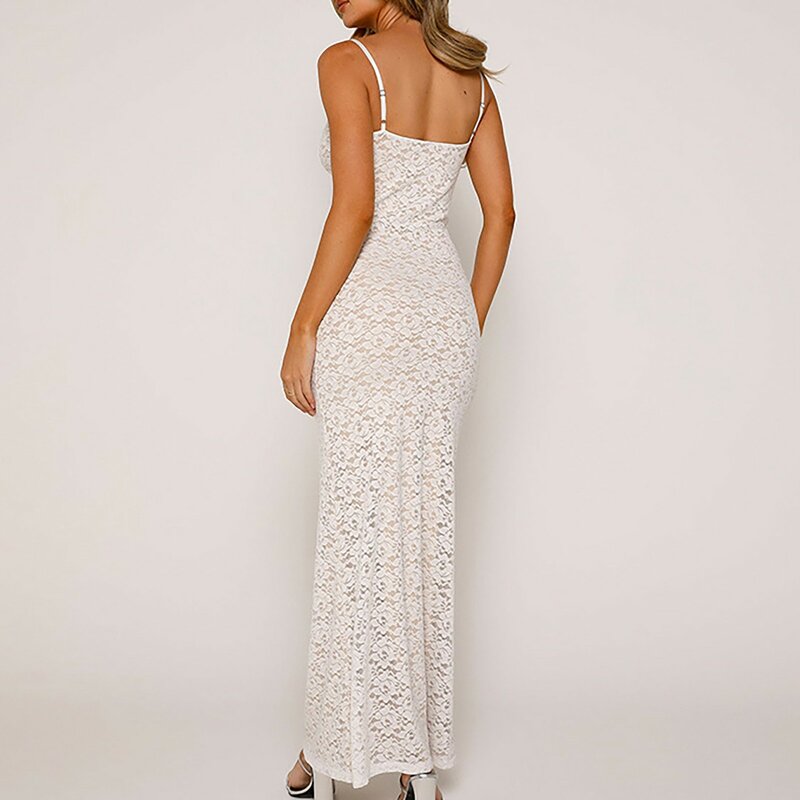 Sexy Solid Lace See Through Women Sling Dresses Fashion Sleeveless Backless Maxi Prom 2023 Summer Party Club Femme Vestidos