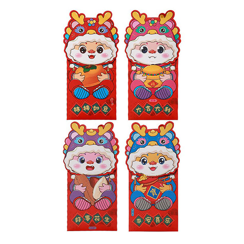 4 buah 2024 Tahun Baru Cina amplop merah kartun Naga Tahun Hongbao Festival Musim Semi kantong uang paket keberuntungan pernikahan