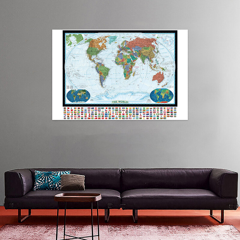 Peta fisik dunia 150x100cm dengan penutup tanah dunia dan peta darat non-tenun dengan bendera negara untuk pendidikan
