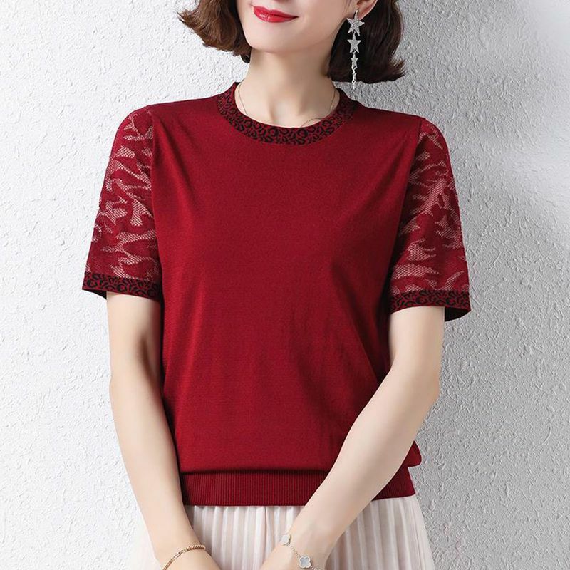 Simplicity Casual Summer Women's Round Neck Jacquard Weave Lace Hollow Out Fashion Office Lady Loose Short Sleeve Knitting Top
