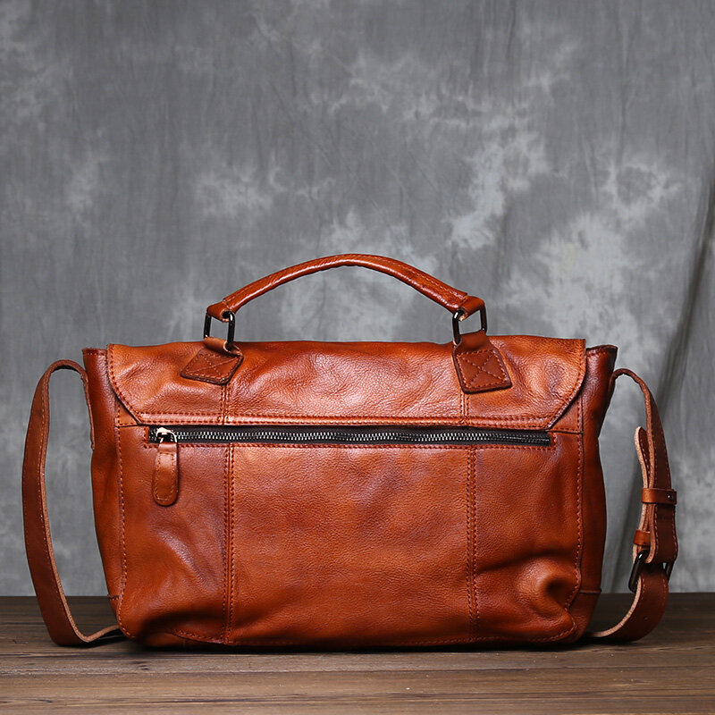 JLFGPJ Texture Original Vintage Old Rubbed Color Vegetable Tanned Cowhide Crossbody Bag Men's Genuine Leather Handheld Briefcase