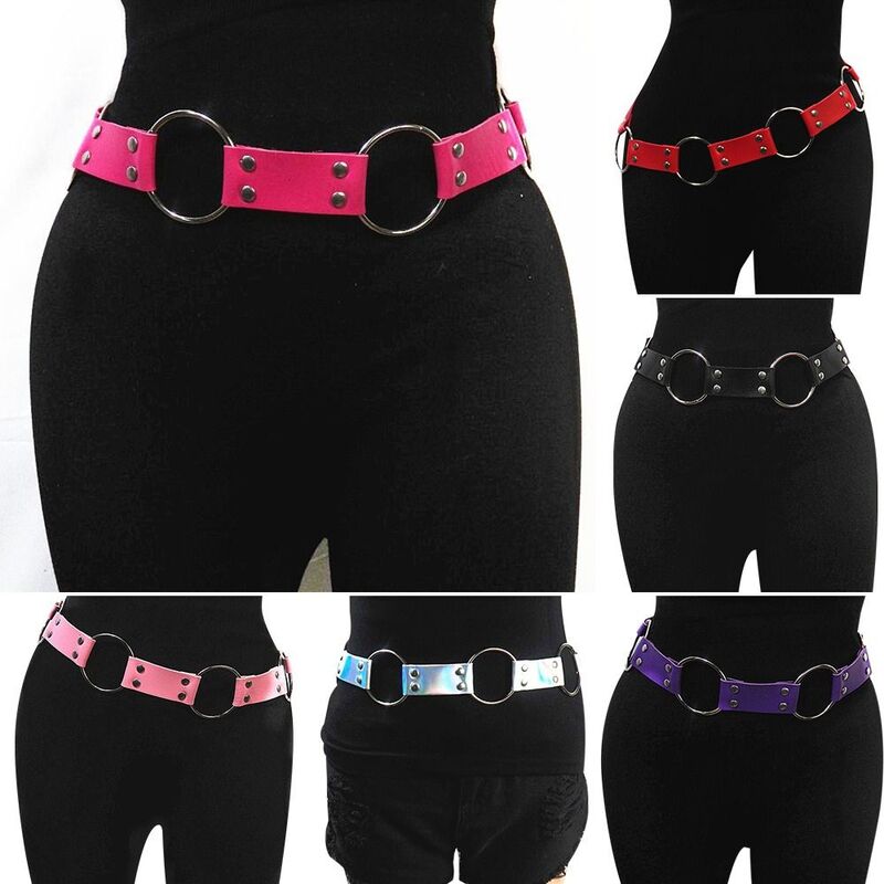 Fashion Women Gothic Punk Waist Belt Metal Circle Ring Design Silver Pin Buckle Leather Black Waistband Jeans Waist Belts
