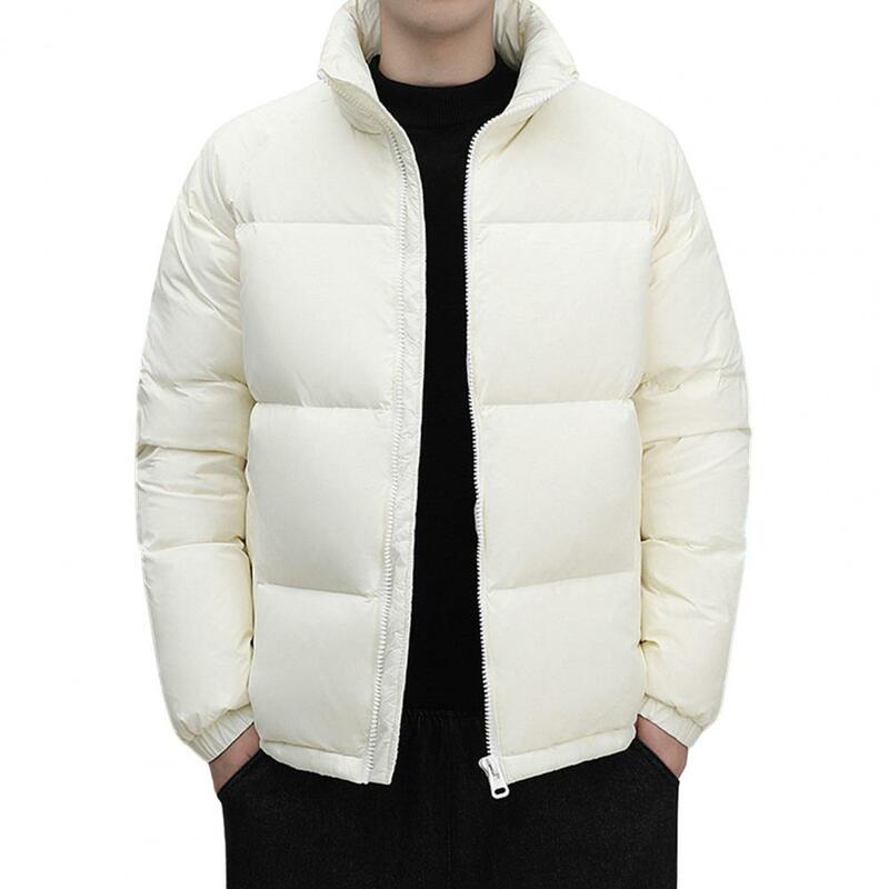 男性用スタンドカラー付きモノクロダウンコート、厚手のパッド入りコート、熱保持、ネック保護、ジッパー、冬