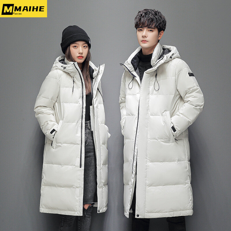 Mens Winter Down Jacket Long Over Knee White Duck Puffer Jackets Youth Fashion Thickened Parkas Couples Warm Workwear Overcoat