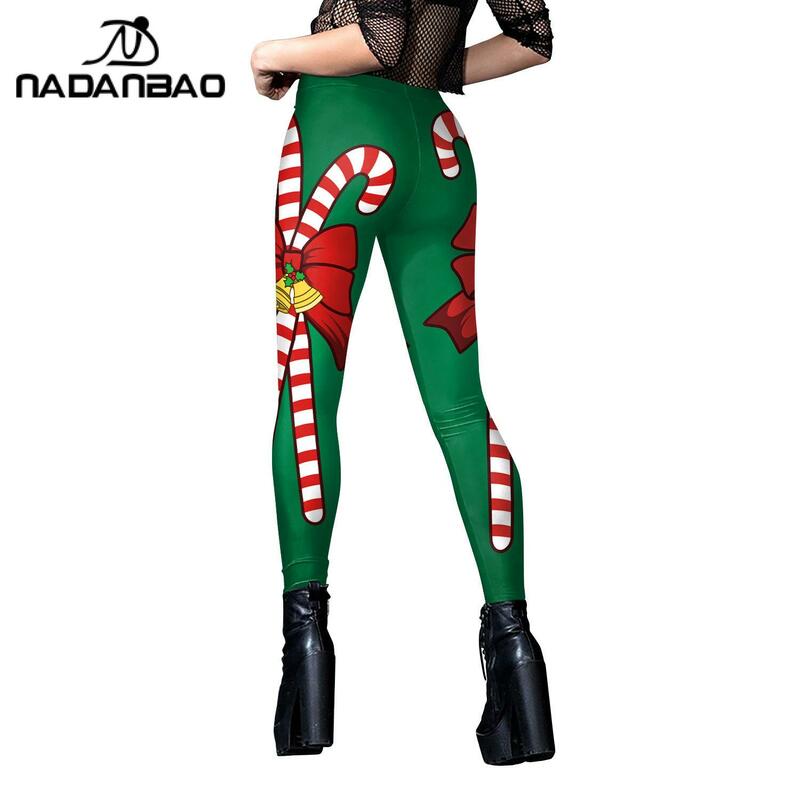 NADANBAO Women Candy Print Leggings Merry Christmas Snowflakes Pants Mid Waist Elastic Trousers Girl Sexy Tights Fitness Workout