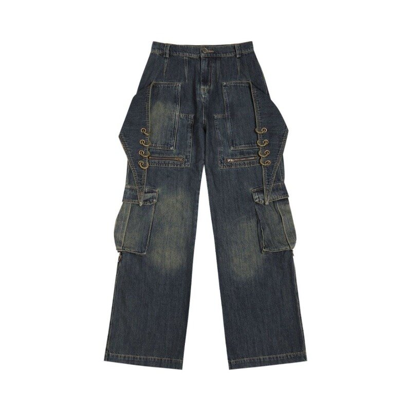Американские стирные джинсы New Spice Girl в стиле ретро Y2K уличная мода в стиле ретро с большими карманами прямые свободные широкие брюки