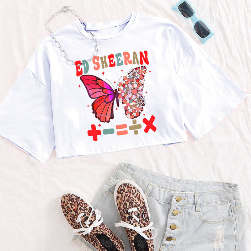 Ed Sheeran Butterfly Crop Shirt Women Girls Fashion O-Neck Short Sleeves Casual Loose Music Fans Shirts