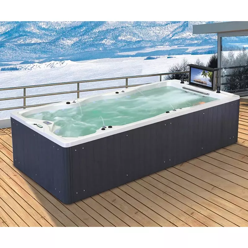 Grande baignoire à remous autoportante, piscine extérieure, coque en bois et acrylique, spa de massage, bain à remous