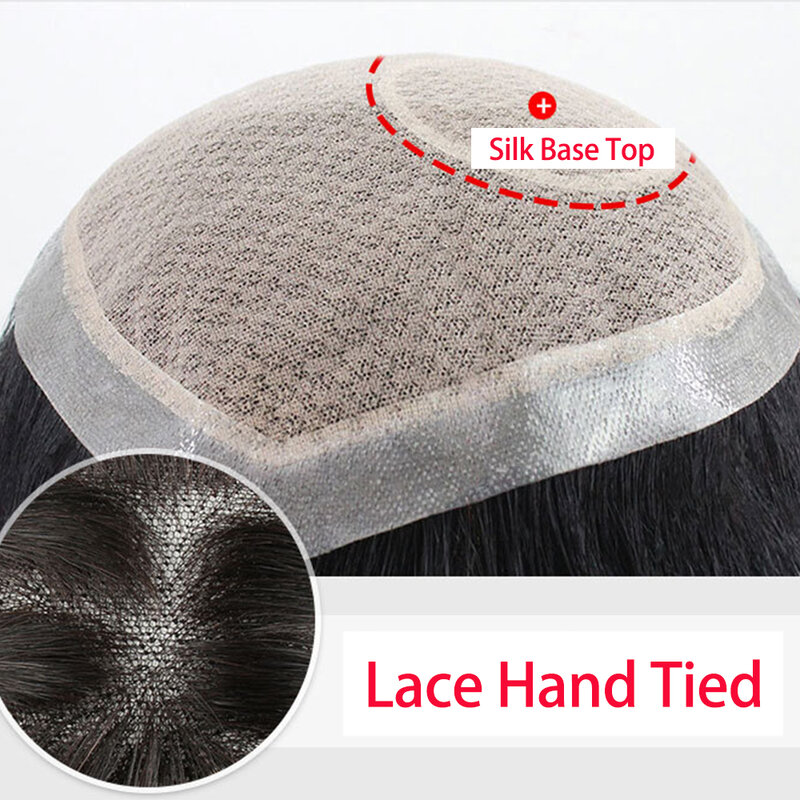 Toupee Wig rambut alami untuk pria, Wig pengganti rambut palsu laki-laki bersirkulasi ikat tangan renda, Wig rambut alami untuk pria