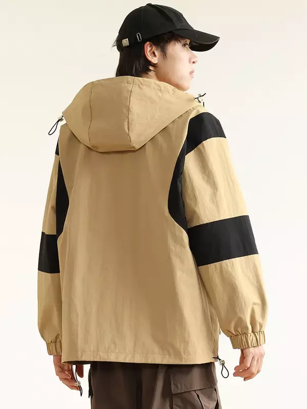 용수철 남성용 후드 바람막이 재킷, 한국 패션 스트리트웨어, 루즈 캐주얼 재킷, 패치워크 코트, 플러스 사이즈 8XL, 2024 신상